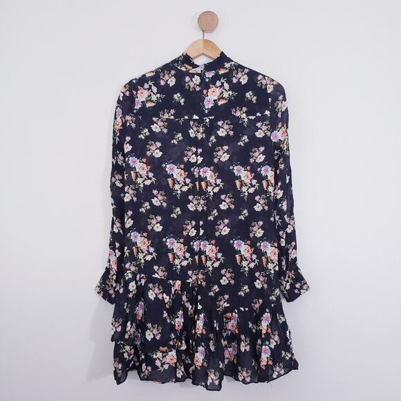 Zara Black Multicolor Floral Chiffon Sheer Long Sleeve Ruffle Tunic Dress XS - Picture 10 of 10